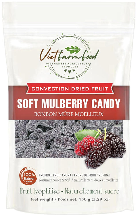 SOFT MULBERRY CANDY 5.29oz (150g) VIETFARMFOOD: Convection dried fruit with a little sugar, salt, natural sweetness, soft when chewed. Suitable for snack, healthy dessert for all ages