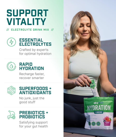 Skymd Hydration Greens Electrolytes Powder Packets Low Sugar 15 Calories 12 Vitamins & Minerals Sodium 28 Superfoods For Gut Health Wild Berry 14 Sticks