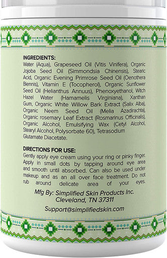 Nourishing Eye Cream for Dark Circles, Fine Lines, Sagginess & Puffiness. Best Under & Around Eyes Moisturizing Treatment with Organic Jojoba oil, Vitamin E & Witch Hazel by Simplified Skin 1.7 oz