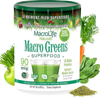 MacroLife Naturals Macro Greens Powder 38 Superfood Blend Vegan | GLP1-Friendly Digestive Enzymes Adaptogens 18 Billion CFU Probiotics Non GMO Vegan Gluten & Dairy-Free 90 Servings