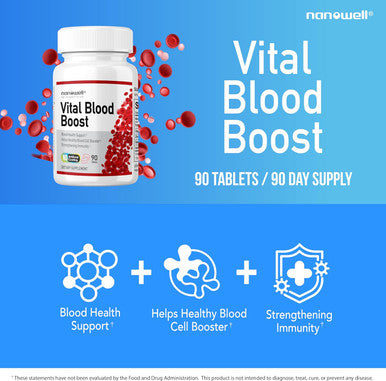 Vital Blood Boost - Dietary Supplement For White And Red Blood Cell Support - Iron With Selenium, Zinc, Vitamin B12 & Folic Acid - 90 Tablets, 90 Day Supply