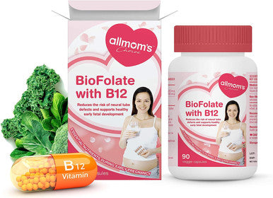 Vegan Folic Acid Pregnancy Supplement with Vitamin B12 - Contains 400mcg Folate or Folic Acid 90 Tablets - Allmom's Choice