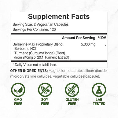 Deal Supplement Berberine Max Supplement with Turmeric 5000mg Per Serving 240 Veggie Capsules 97% Pure Berberine HCL 25:1 Berberine Root Extract Vegetarian Friendly Non-GMO