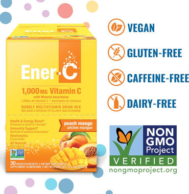 Ener-C Peach Mango Multivitamin Drink Mix Powder Vitamin C 1000Mg & Electrolytes With Real Fruit Juice Natural Energy & Immune Support For Women & Men - Non-Gmo Vegan & Gluten - 60 Count