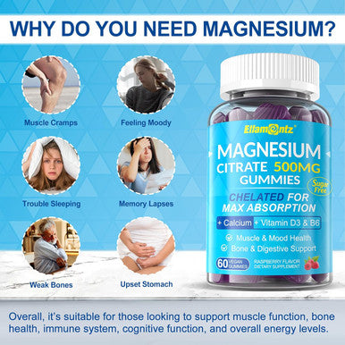 Magnesium Citrate Gummies 500Mg For Women Men Sugar-Free, Chelated Magnesium Calm Gummies With B6 For Mood, Constipation Calcium Magnesium Zinc D3 Supplement Gummy For Bone & Muscle Support- Vegan