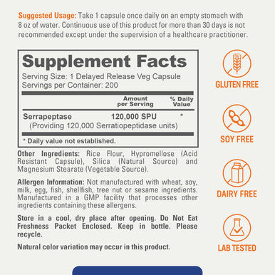 Biophix Serrapeptase 120000 Spu Maximum Strength 200 Veggie Caps - Delayed Release Formula - Natural Enzyme Support