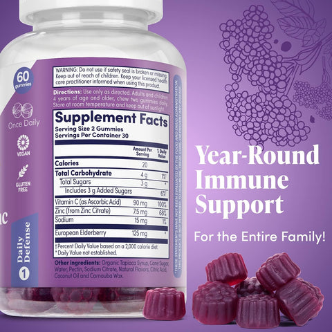 Zand Elderberry Zinc Immunity Gummies With Vitamin C Year-Round Immune Support For Children & Adults 60Ct 30 Serv.