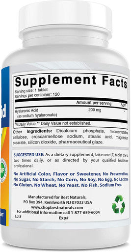 Best Naturals Hyaluronic Acid 200 mg 120 Tablets (Non-GMO Gluten ) - Promotes Youthful Healthy Skin & Healthy Joint Function (120 Count (Pack of 1))