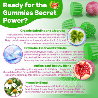 Super Greens Gummies, Greens Superfood Powder Alternative W/Spirulina, Chlorella, Prebiotic Fiber, Probiotic, Fruit Veggie, Daily Greens Vegetable For Digestive & Gut Health, Immunity, Focus, 120 Cts