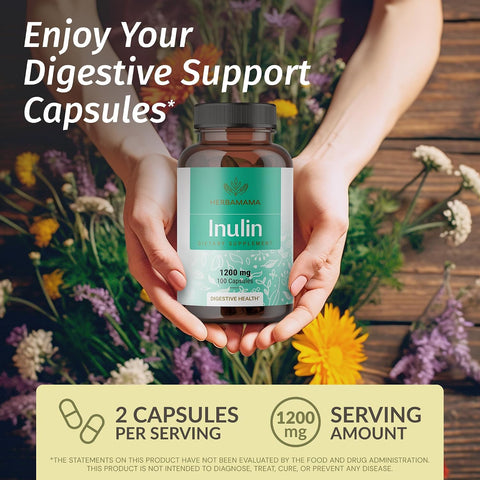 Herbamama Inulin Powder Capsules 1200Mg - Digestive Support & Gut Cleanse With Inulin Prebiotic Fiber - Vegan Non-Gmo Chicory Root Powder Supplement