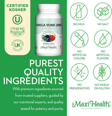 Maxi Health Fish Oil 2000mg - Omega 3 Supplement for Adults and Kids - Fruity Burst - Omega-3 Fish Oil Source of EPA/DHA Fatty Acids - Heart Brain Joint Health - Kosher - 100 Softgels