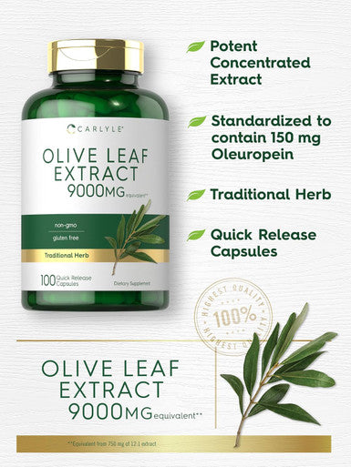 Carlyle Olive Leaf Extract Capsules | 9000mg | 100 Count | Non-GMO Gluten | High Potency Supplement