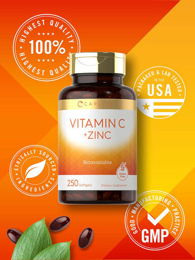 Carlyle Vitamin C with Zinc | 250 Softgels | Bioavailable | Ascorbic Acid | Zinc Oxide | Non-GMO and Gluten Supplement