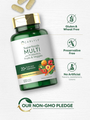 Carlyle Fruits And Veggies Supplement 120 Count Superfood Multivitamin With Probiotics Made With 20 Fruits And Vegetables Non-Gmo & Gluten Free