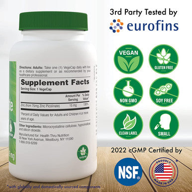 Health Thru Nutrition Zinc Picolinate 75mg 15mg Elemental Zinc Immune Support Vegan NonGMO Clean Label Vegecaps Pack of 100