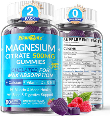 Magnesium Citrate Gummies 500Mg For Women Men Sugar-Free, Chelated Magnesium Calm Gummies With B6 For Mood, Constipation Calcium Magnesium Zinc D3 Supplement Gummy For Bone & Muscle Support- Vegan