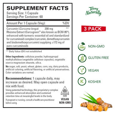 Terry ly CuraMed 200 mg (3 Pack) - 60 Vegan Capsules - Superior Absorption BCM-95 Curcumin Supplement, Promotes Healthy Inflammation Response - Non-GMO, Gluten-Free, Kosher - 180 Servings