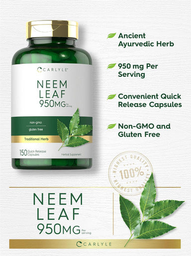 Carlyle Neem Leaf | 950mg | 150 Powder Capsules | Non-GMO and Gluten Formula | Value Size | Traditional Herbal Supplement | Azadirachta Indica