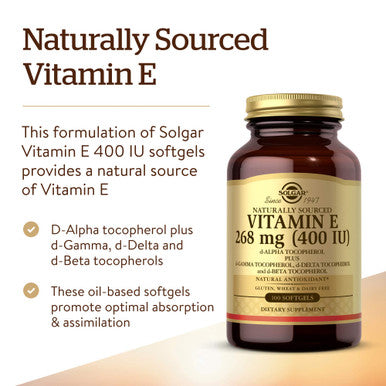 Solgar Vitamin E 268 Mg (400 Iu) (D-Alpha Tocopherol & Mixed Tocopherols) 100 Softgels - Supports Immune System & Skin Nutrition - Natural Antioxidant - Gluten Free Dairy Free - 100 Servings