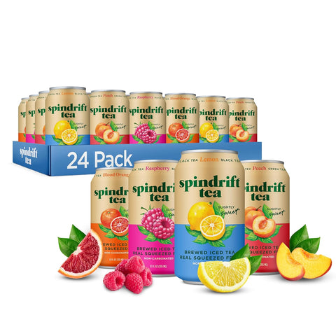 Spindrift Brewed Iced Tea, Variety Pack with Black Tea & Green Tea, Made with Real Squeezed Fruit, No Carbonation, Slightly Sweet, 12 Fl Oz Cans, Pack of 24 (22-49 Calories)