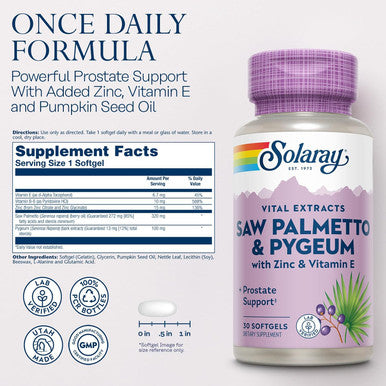Solaray Saw Palmetto And Pygeum - Saw Palmetto For Men W/Pygeum Bark, Zinc, Vitamin E, Pumpkin Seed Oil - Prostate Supplements For Men W/Beta Sitosterol - 60-Day - 30 Servings, 30 Softgels