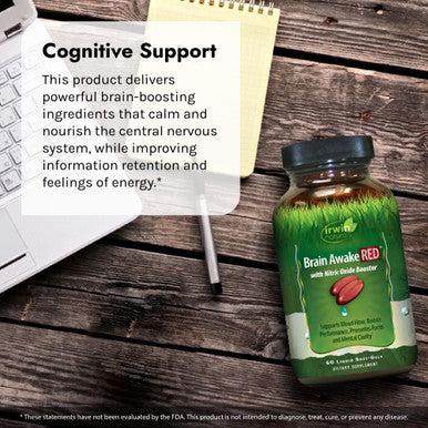 Irwin Naturals Brain Awake Red + Nitric Oxide Boosters Enhanced Performance Focus & Mental Clarity - Nootropic With L-Citrulline Ginkgo - 60 Liquid Softgels