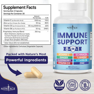 Age 8 In 1 Immune Support Booster Supplement With Echinacea, Vitamin C And Zinc 50Mg, Vitamin D 5000 Iu, Turmeric Curcumin & Ginger, B6, Elderberry 120 Count (Pack Of 2)