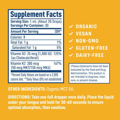 NativePath D3K2 Tincture - 1000IU Vitamin D3 and Vitamin K2 Supplement with Organic MCT Oil - 1 Fluid Ounce - Rapid Bioavailability Multi-Vitamin for Bone Strength and Total Body Wellness 30 Servings