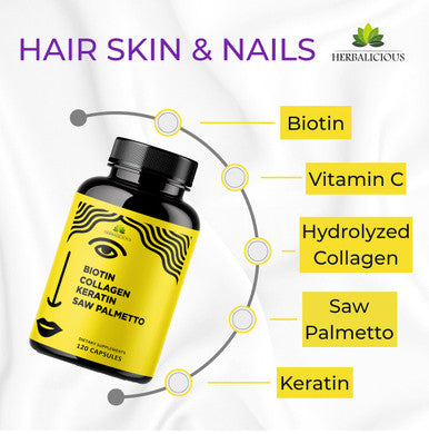 HERBALICIOUS Biotin Vitamins With Collagen, Keratin & Saw Palmetto For Women And Men - Biotin 10000 Mcg Hair Skin Nails Supplement For Hair, Skin, And Nails Wellness - Made In Usa, 120 Capsules