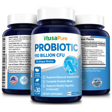 NusaPure Probiotics 110 Billion CFU Per Veggie Caps 13 Strains - 30 Capsules (Non-GMO & )