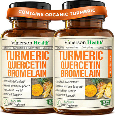 Vimerson Health Quercetin with Bromelain Turmeric Curcumin Supplement Triple Action Allergy Relief Inflammation and Joint Support with Organic Tumeric + Bioperine for Max Absorption