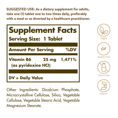 Solgar Vitamin B6 25 Mg 100 Tablets - Supports Energy Metabolism Heart Health & Healthy Nervous System - B Complex Supplement - Vegan Gluten Free Dairy Free Kosher 100 Servings