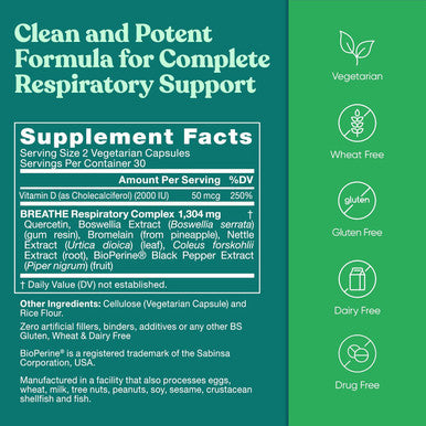 Eu Natural Breathe Inhaler Support Supplement Sinus Lungs Open & Clear Airways Seasonal Nasal Health Bronchial Wellness Healthy Chest Quercetin Vitamin D Bromelain Pills 60 Vegetarian Soft Capsules