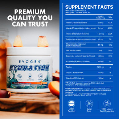 Evogen Hydration - Electrolytes Powder | Sugar-Free Electrolyte Powder Supplement for Hydration Energy and Recovery | Coconut Water B Vitamins Potassium | Peach Tea| 30 Servings