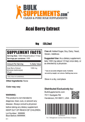 BulkSupplements Acai Berry Extract Powder - Antioxidants Supplement for Immune Support - , Soy Free - 1000mg s, 1000 Servings (1 Kilogram - 2.2 lbs)