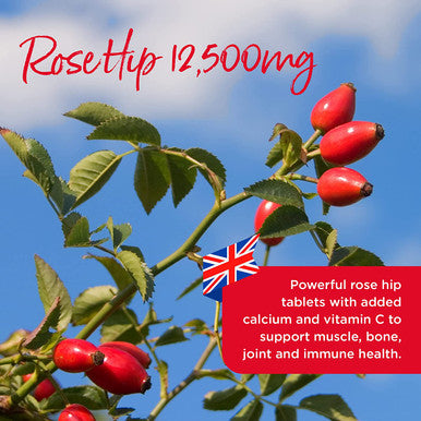 Healthspan Rose Hip 12,500mg | 90 Tablets | Muscle, Bone, Joint & Immune Health | Added Vitamin C & Calcium | Fatty Acids | Carotenoids | Polyphenols | Flavonoids | Rosa Canina | Vegan