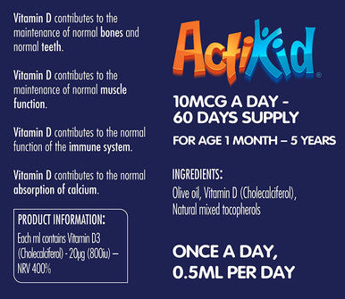 ActiKid Vitamin D3 Drops 30ml for Newborn Babies, Infants and Children, (a Vegan, Sugar Free, Preservative Free, no Allergens, Baby, Vitamin D Supplement) - Immunity Boost