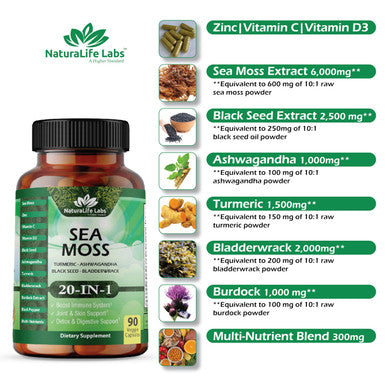 NaturaLife Labs Sea Moss 6000Mg - Black Seed Oil 2500Mg - Bladderwrack 2000Mg - Turmeric 1500Mg Ashwagandha 1000Mg - Burdock 1000Mg - Vitamin C D3, Yellow Dock Root Manuka Dandelion - 90 Veggie Caps