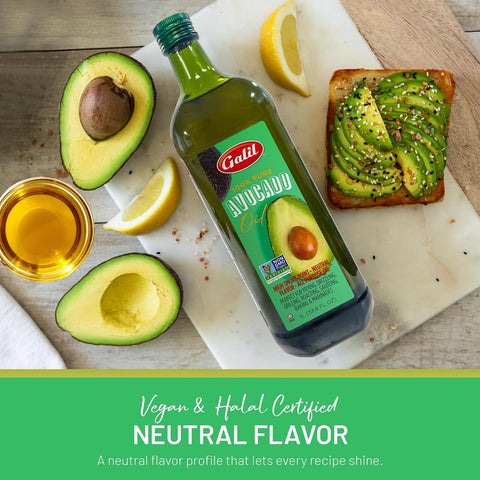 Galil 100% Pure Avocado Oil - High Smoke Point 500Ã‚Â°F Non-GMO, Vegan, Halal Certified - Perfect for Cooking, Baking, SautÃƒÂ©ing, Dressings & Marinades, Rich in Healthy Fats - 1 Liter Glass Bottle