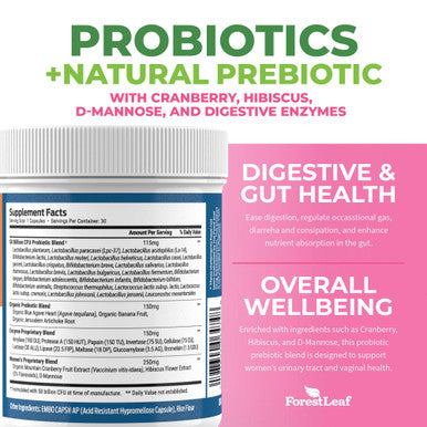 ForestLeaf Probiotics for Women 50 Billion CFU 26 Unique Strains Women's Probiotic and Prebiotics Support Digestive Health, w/ Cranberry, Hibiscus & D-Mannose for Vaginal PH Balance Urinary Gut (30 Caps)