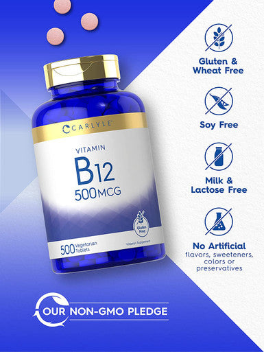 Carlyle Vitamin B12 500mcg | 500 Tablets | Vegetarian, Non-GMO, Gluten Free