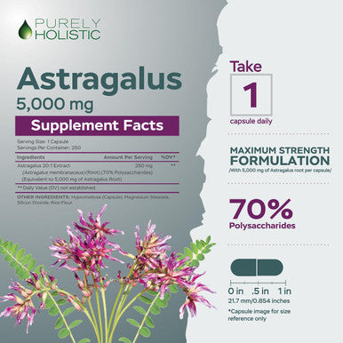 Purely Holistic Astragalus Capsules 5,000 Mg - 250 Capsules, 8+ Month Supply - Superior Strength Astragalus Root Extract 20:1 - Non Gmo, Vegetarian & Vegan Friendly - Supports The Immune System & Cardiovascular