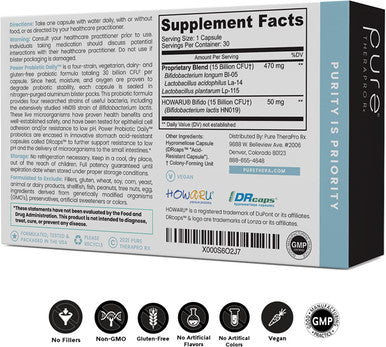 Power Probiotic Daily 30 AcidResistant Capsules 4 Proven Strains 30 Billion CFU / Capsule Sealed in NitrogenPurged Aluminum Blister Packs to Insure Freshness NO Refrigeration Required