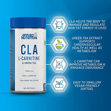 Applied Nutrition CLA L Carnitine and Green Tea Natural Energy Fat Burning Blend Help Weight Management (Conjugated Linoleic Acid LCarnitine Tartrate GreenTea) 100 Veggie Softgels 50 Servings