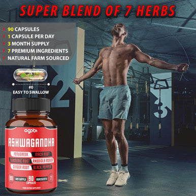 Ashwagandha Extract Capsules 8050Mg - 7 Herbs Combined Fenugreek, Maca, Turmeric, Rhodiola, Ginger & Black Pepper - 90 Caps For 3 Months - Natural Sleep, Adrenal, Immune & Energy Supports Supplement