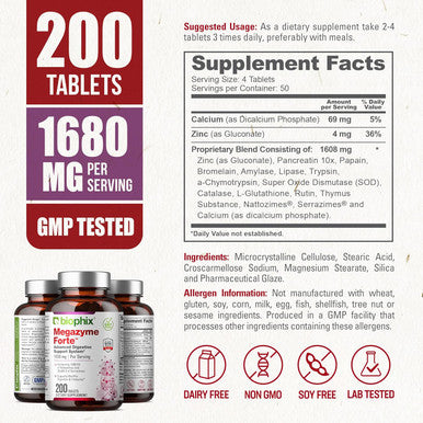 Biophix Megazyme Forte 200 Tablets - Natural Plant Proteolytic Enzymes Nattozimes Serrazimes Supports Digestive System Immune Health