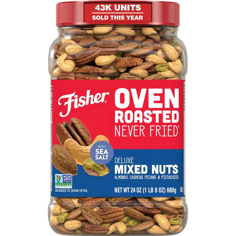 Fisher Oven Roasted Never Fried Deluxe Mixed Nuts, 24 Ounces | Pack Of 1, Almonds, Cashews, Pecans, Pistachios, Healthy Snacks For Adults, Made With Sea Salt, No Added Oil, Gluten Free