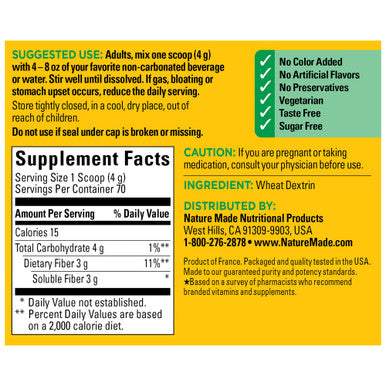 Nature Made Prebiotic Fiber Powder Taste Free & Sugar Free Prebiotic Fiber Drink Mix For Digestive System Support 9.87 Oz 70 Day Supply