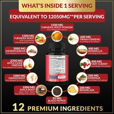 2 Packs Premium Turmeric Curcumin Supplement 12050mg with Ginger Apple Cider Vinegar Black Pepper 95 Curcuminoids Joint Supplement Antioxidant Tumeric Supplements Capsules