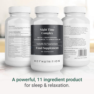 Hey Nutrition Night Time Complex with 100mg L-Tryptophan Chamomile & Lemon Balm Natural Supplement for Sleep & Relaxation - Non-GMO 60 Vegetarian Capsules